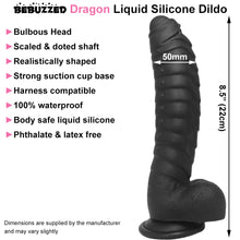 Load image into Gallery viewer, Bebuzzed Dragon 8.5" Scaled Ribbed Dildo Liquid Silicone Black