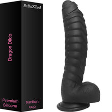 Load image into Gallery viewer, Bebuzzed Dragon 8.5" Scaled Ribbed Dildo Liquid Silicone Black