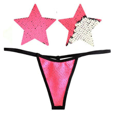 Load image into Gallery viewer, Bitchin Neon Pink and Silver Blacklight Sequin Pastie and Panty Set