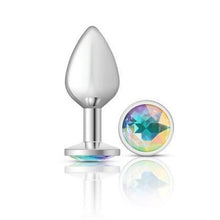 Load image into Gallery viewer, Cheeky Charms Silver Round Butt Plug w Clear Iridescent Jewel Large