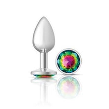 Load image into Gallery viewer, Cheeky Charms Silver Round Butt Plug w Rainbow Jewel Small