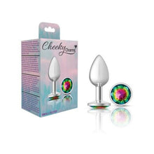 Load image into Gallery viewer, Cheeky Charms Silver Round Butt Plug w Rainbow Jewel Small