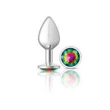 Load image into Gallery viewer, Cheeky Charms Silver Round Butt Plug w Rainbow Jewel Medium