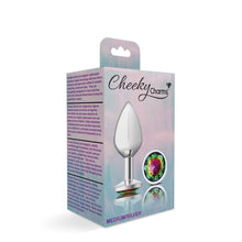 Load image into Gallery viewer, Cheeky Charms Silver Round Butt Plug w Rainbow Jewel Medium