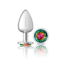 Load image into Gallery viewer, Cheeky Charms Silver Round Butt Plug w Rainbow Jewel Large