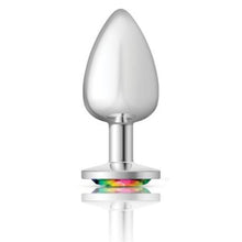 Load image into Gallery viewer, Cheeky Charms Silver Round Butt Plug w Rainbow Jewel Large