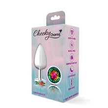 Load image into Gallery viewer, Cheeky Charms Silver Round Butt Plug w Rainbow Jewel Large