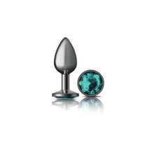 Load image into Gallery viewer, Cheeky Charms Gunmetal Round Butt Plug w Teal Jewel Small