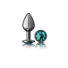 Load image into Gallery viewer, Cheeky Charms Gunmetal Round Butt Plug w Teal Jewel Medium