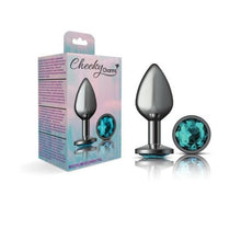 Load image into Gallery viewer, Cheeky Charms Gunmetal Round Butt Plug w Teal Jewel Medium