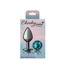 Load image into Gallery viewer, Cheeky Charms Gunmetal Round Butt Plug w Teal Jewel Medium