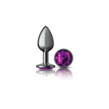 Load image into Gallery viewer, Cheeky Charms Gunmetal Round Butt Plug w Purple Jewel Small