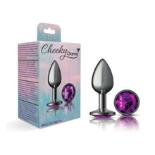 Load image into Gallery viewer, Cheeky Charms Gunmetal Round Butt Plug w Purple Jewel Small