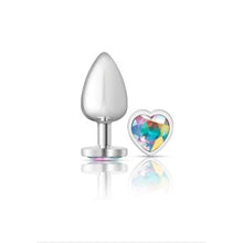 Load image into Gallery viewer, Cheeky Charms Silver Metal Butt Plug w Heart Clear Jewel Large