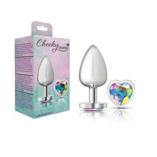 Load image into Gallery viewer, Cheeky Charms Silver Metal Butt Plug w Heart Clear Jewel Large
