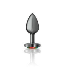 Load image into Gallery viewer, Cheeky Charms Gunmetal Butt Plug w Heart Rainbow Jewel Small