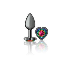 Load image into Gallery viewer, Cheeky Charms Gunmetal Butt Plug w Heart Rainbow Jewel Small