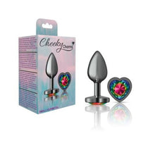 Load image into Gallery viewer, Cheeky Charms Gunmetal Butt Plug w Heart Rainbow Jewel Small