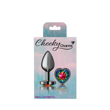 Load image into Gallery viewer, Cheeky Charms Gunmetal Butt Plug w Heart Rainbow Jewel Small