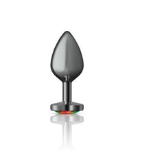 Load image into Gallery viewer, Cheeky Charms Gunmetal Butt Plug w Heart Rainbow Jewel Medium