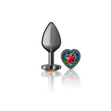Load image into Gallery viewer, Cheeky Charms Gunmetal Butt Plug w Heart Rainbow Jewel Medium