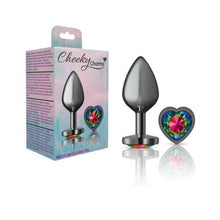 Load image into Gallery viewer, Cheeky Charms Gunmetal Butt Plug w Heart Rainbow Jewel Medium