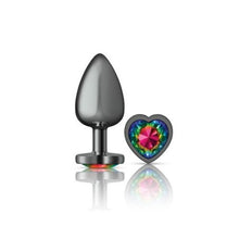 Load image into Gallery viewer, Cheeky Charms Gunmetal Butt Plug w Heart Rainbow Jewel Large