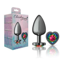 Load image into Gallery viewer, Cheeky Charms Gunmetal Butt Plug w Heart Rainbow Jewel Large