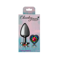 Load image into Gallery viewer, Cheeky Charms Gunmetal Butt Plug w Heart Rainbow Jewel Large