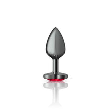 Load image into Gallery viewer, Cheeky Charms Gunmetal Butt Plug w Heart Red Jewel Small