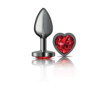 Load image into Gallery viewer, Cheeky Charms Gunmetal Butt Plug w Heart Red Jewel Small