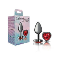 Load image into Gallery viewer, Cheeky Charms Gunmetal Butt Plug w Heart Red Jewel Small