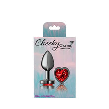 Load image into Gallery viewer, Cheeky Charms Gunmetal Butt Plug w Heart Red Jewel Small