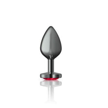 Load image into Gallery viewer, Cheeky Charms Gunmetal Butt Plug w Heart Red Jewel Medium