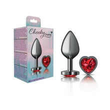 Load image into Gallery viewer, Cheeky Charms Gunmetal Butt Plug w Heart Red Jewel Medium