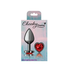 Load image into Gallery viewer, Cheeky Charms Gunmetal Butt Plug w Heart Red Jewel Medium