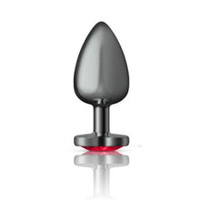 Load image into Gallery viewer, Cheeky Charms Gunmetal Butt Plug w Heart Red Jewel Large