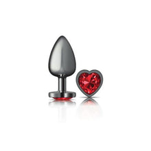 Load image into Gallery viewer, Cheeky Charms Gunmetal Butt Plug w Heart Red Jewel Large