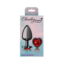 Load image into Gallery viewer, Cheeky Charms Gunmetal Butt Plug w Heart Red Jewel Large