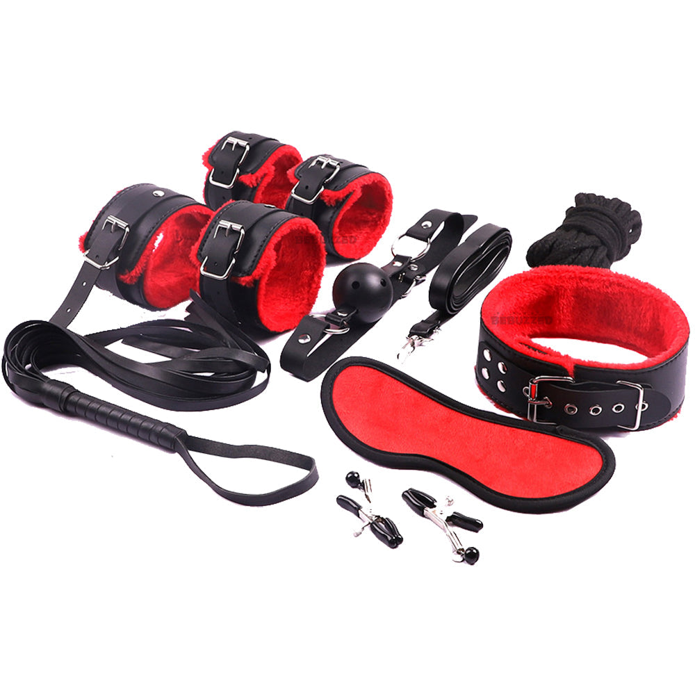 Bebuzzed Kinky BDSM Kit Couples Bondage Set Restraints Black & Red