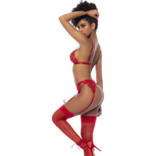Load image into Gallery viewer, Red 3 Pc Set w/ Bralette, Garter Belt and Thong
