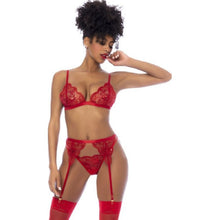Load image into Gallery viewer, Red 3 Pc Set w/ Bralette, Garter Belt and Thong
