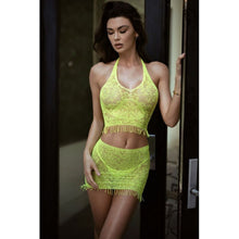 Load image into Gallery viewer, Eyelash Lace 3 Pc Crop, Skirt and Thong Neon Yellow
