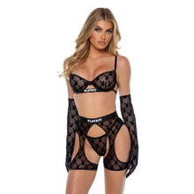 Load image into Gallery viewer, Playboy Flocked Bunny Chaps 3 Pc Set  Black
