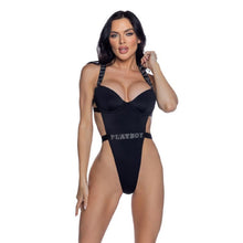 Load image into Gallery viewer, PlayBoy Black High-Leg 1 Pc Swimsuit with Rhinestone Logo
