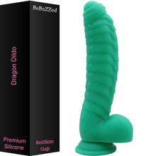 Load image into Gallery viewer, Bebuzzed Dragon 8.5&quot; Scaled Ribbed Dildo Liquid Silicone Green
