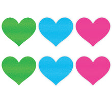 Load image into Gallery viewer, Neon Heart Pasties 3 Pk Green/Blue/Pink
