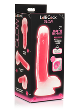 Load image into Gallery viewer, LOLLICOCK 7&quot; GLOW-IN-THE-DARK SILICONE DILDO W/ BALLS PINK
