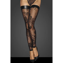 Load image into Gallery viewer, Tulle Stockings w Patterned Flock Embroidery &amp; Power Wetlook Band
