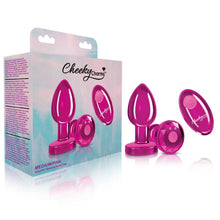Load image into Gallery viewer, Cheeky Charms Pink Rechargeable Vibrating Metal Butt Plug w Remote Medium
